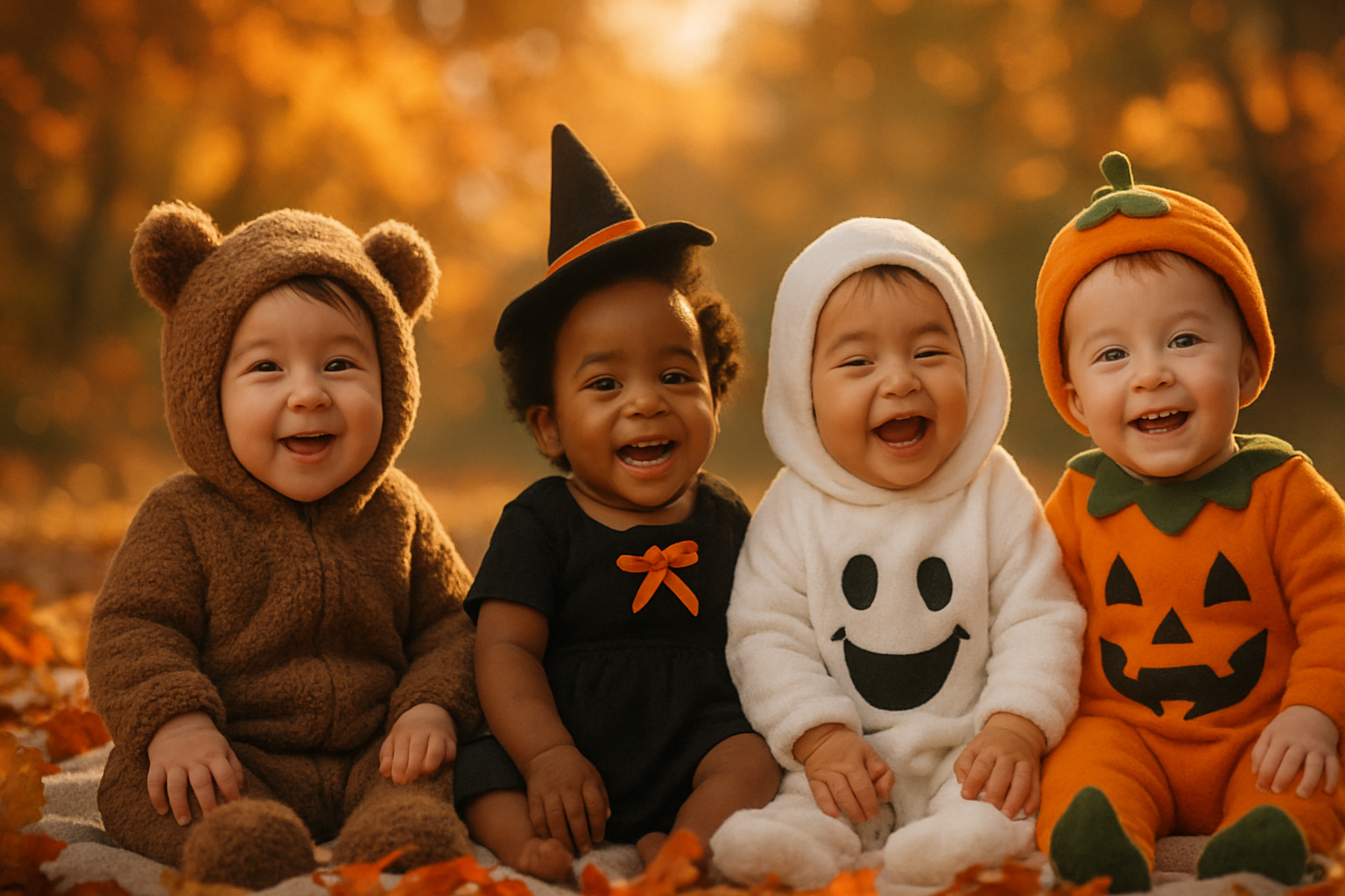 smiling happy babies of different cultures in halloween costumes with autumn leaves in the background. Cinematic style photo, soft edges, hero banner
